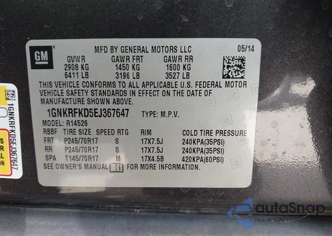 2014 Chevrolet Traverse Ls из США, поврежденный, VIN 1GNKRFKD5EJ367647